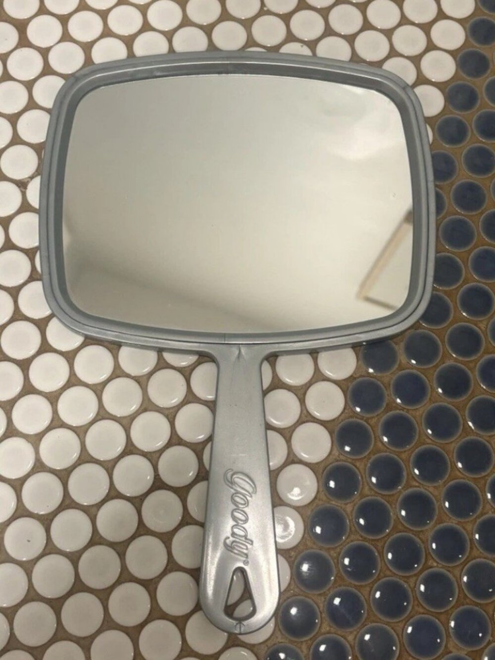 Vintage 1999 Goody Hand Held Mirror With Handle Gold Plastic, Made In USA-8"x6"